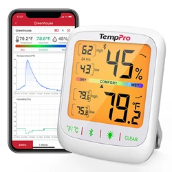 TempPro TP359 Wireless 80M Bluetooth-Conected Phone APP Backlight Digital Indoor Room Thermometer Hygtometer With History Data