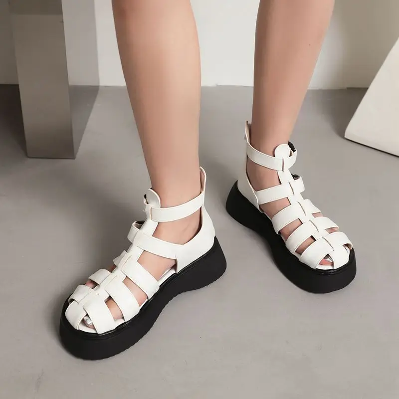 ASILETO Women Shoes Sandals Round Toe Platform Flats Thick Cover Heel Buckle Strap Style Black White Leisure S3926