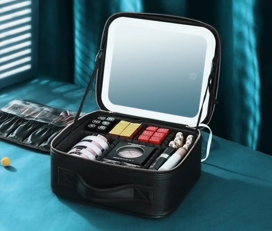 Smart LED Makeup Bag With Mirror Lights Large Capacity Professional Cosmetic Case For Women Travel Organizers Beauty Kit Storage