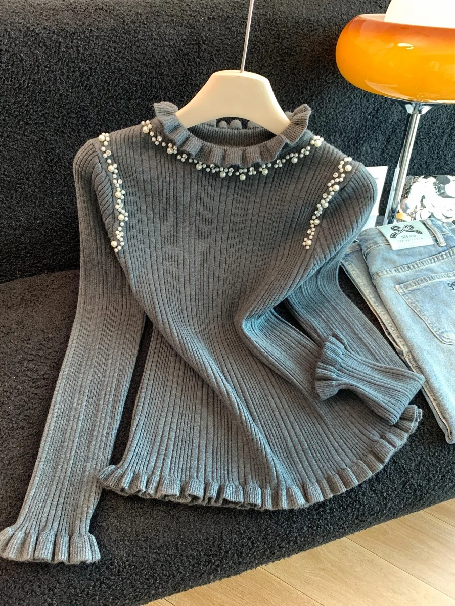 Bead Fungus Edge Long-sleeved Knitted Sweater Women's Autumn And Winter Temperament Slim-Fitting Bottoming Shirt Chic Inner Top
