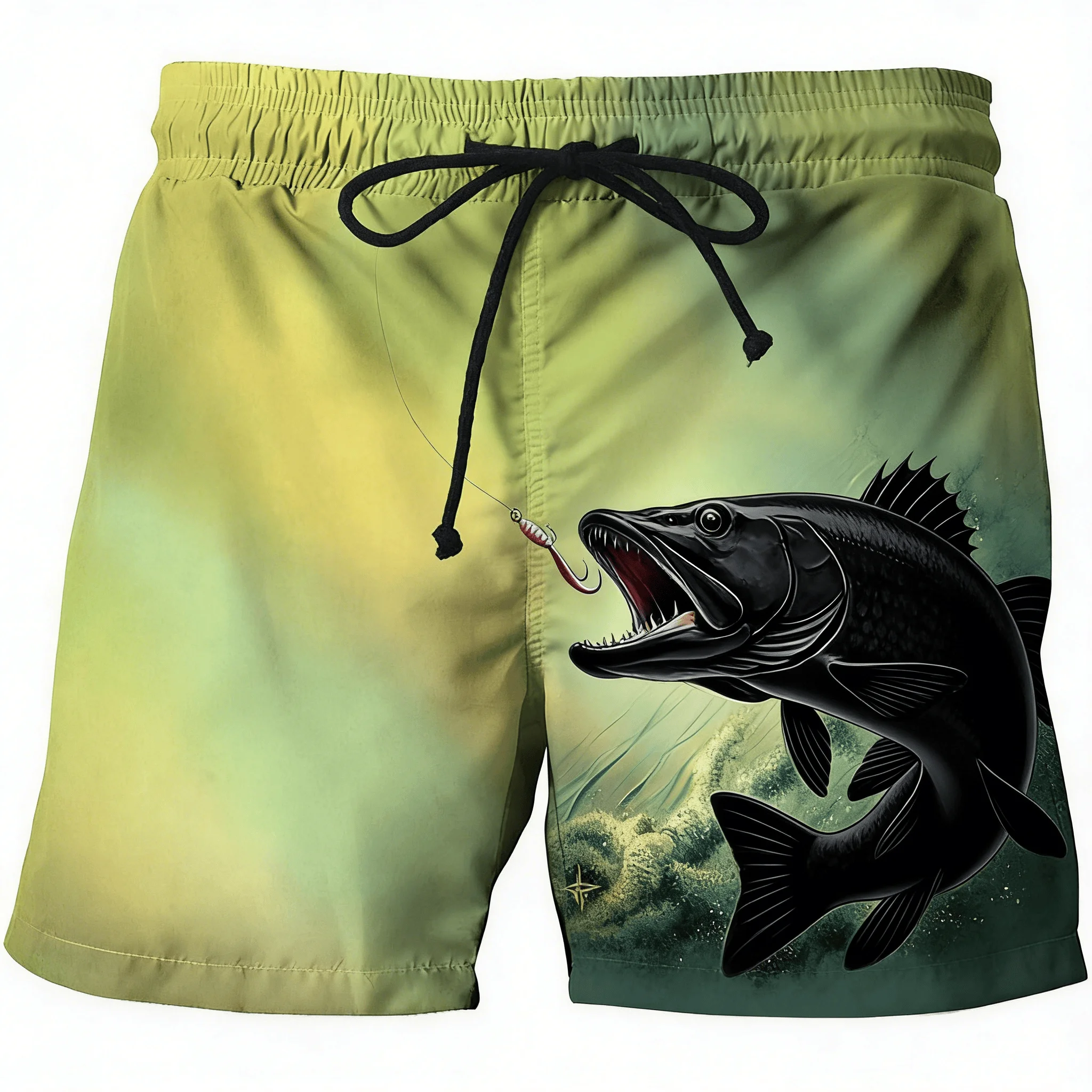 Men's Yellow-Green Gradient Realistic Fish Print Drawstring Shorts, Spring Summer Cool Fishing Casual Shorts, Loose Beach Shorts