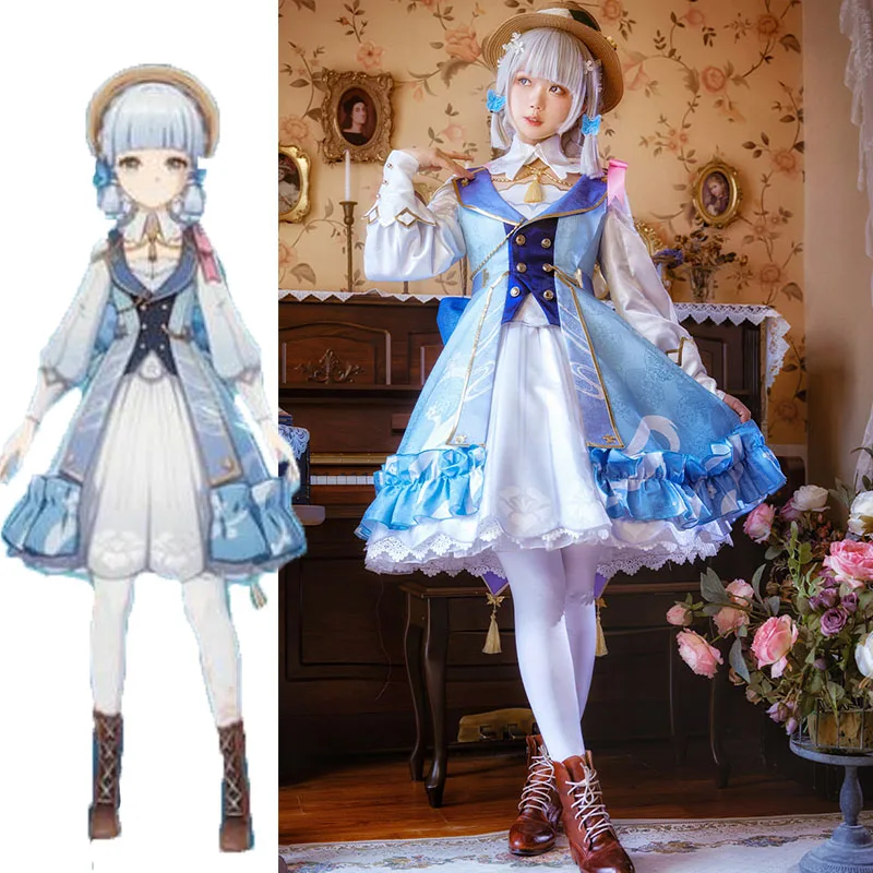 Game Genshin Impact Kamisato Ayaka Cosplay Costume Sets Elegant Female Dress Maid Lolita Skirt Halloween Cosplay Full Set Wig