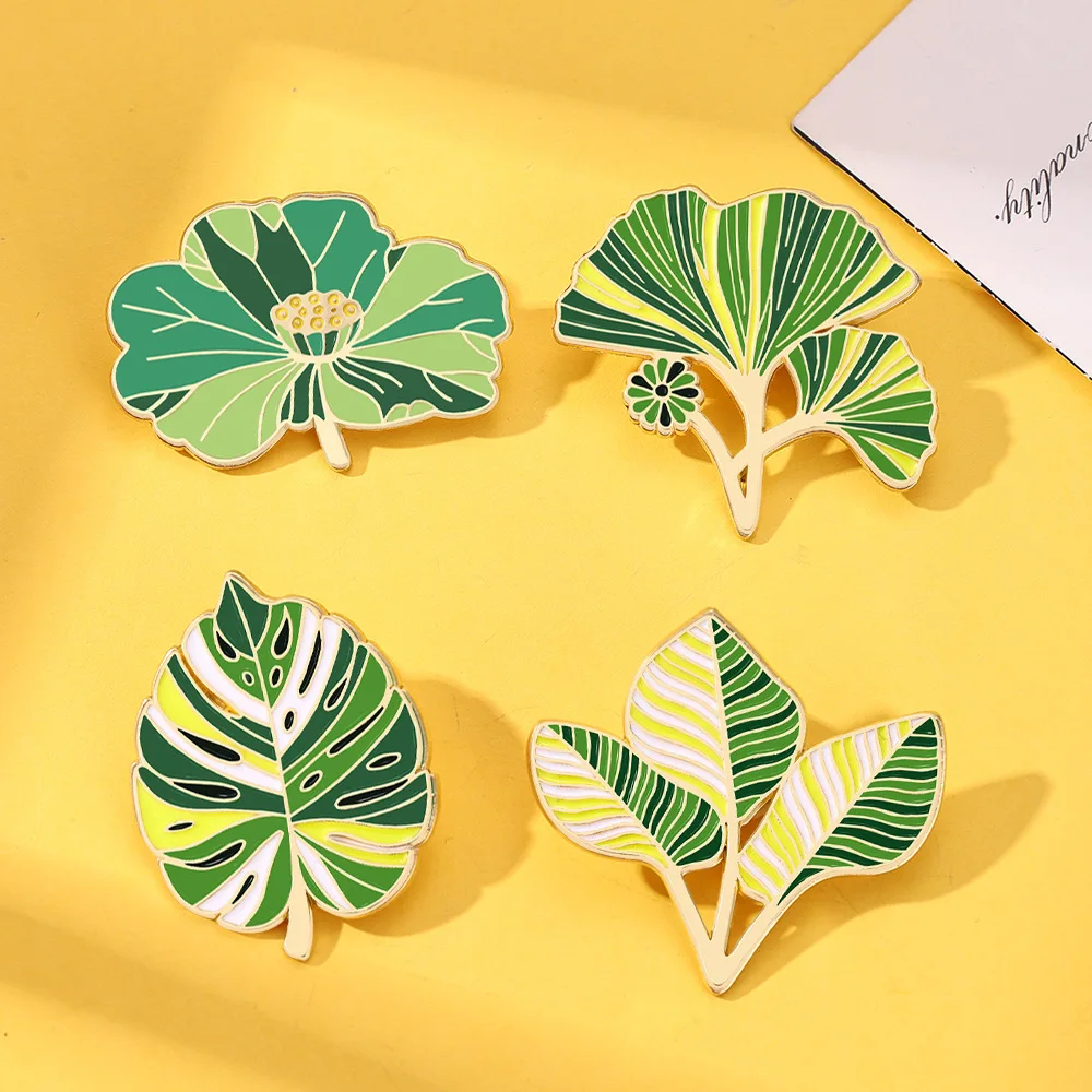 4pcs Cute Cartoon Green Plant Enamel Brooch Creative Ginkgo Monstera Deliciosa Lapel Pin Metal Badge Jewelry Gift for Kid Friend