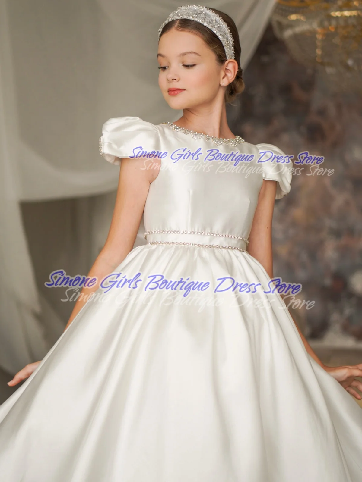 퍼프 슬리브 O 넥 반팔 진주 장식 새틴 플라워 걸 드레스 댄스 공연 첫 성찬식 생일