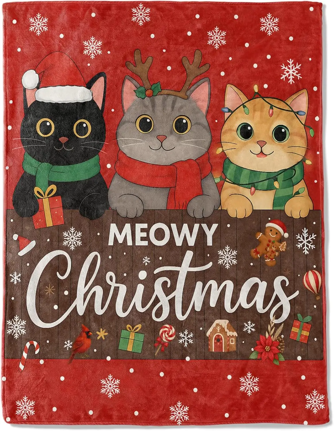 Cat Christmas Decorative Blanket, Kitten with Hat Antler Scarf Print Throw Decoration,Soft Flannel Winter Blankets for Couch Bed