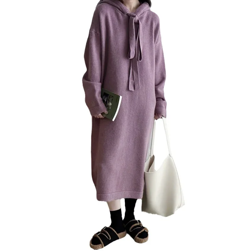 Women Loose Long Dress Hooded Knit Casual Full Sleeve Thick Dresses Sweaters Elegant Lady Vestidos Solid Autumn Winter