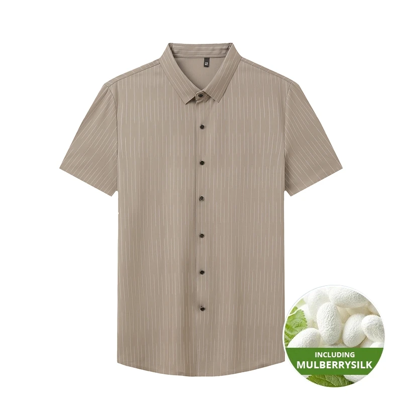 Top Grade Mulberry Silk Anti-wrinkle New Summer Striped Brand Slim Fit Shirt Short Sleeve Trendy Casual Fashion Men Clothes