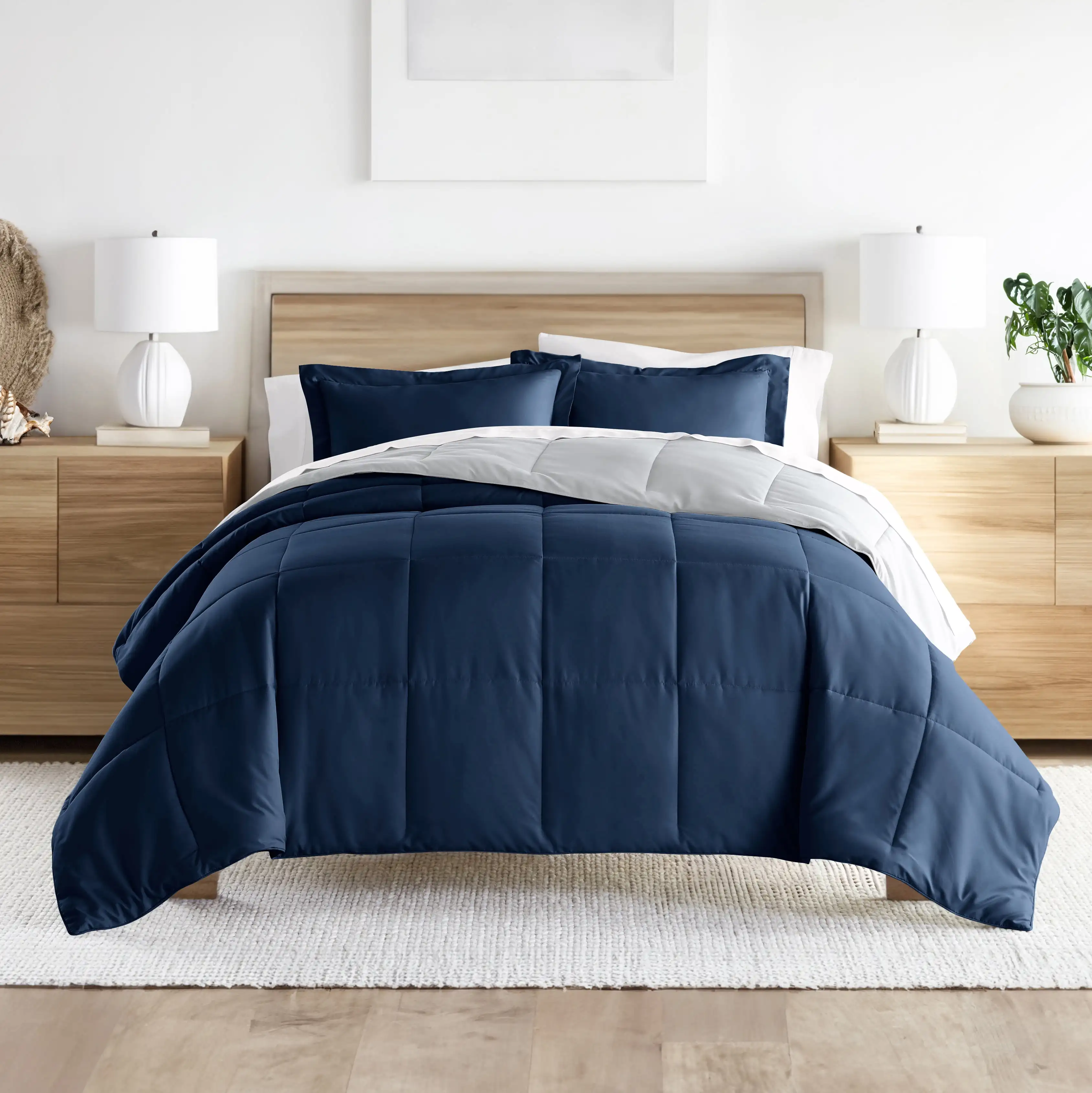 

3-Piece Navy & Gray Reversible Down Alternative Comforter Set, Full/Queen