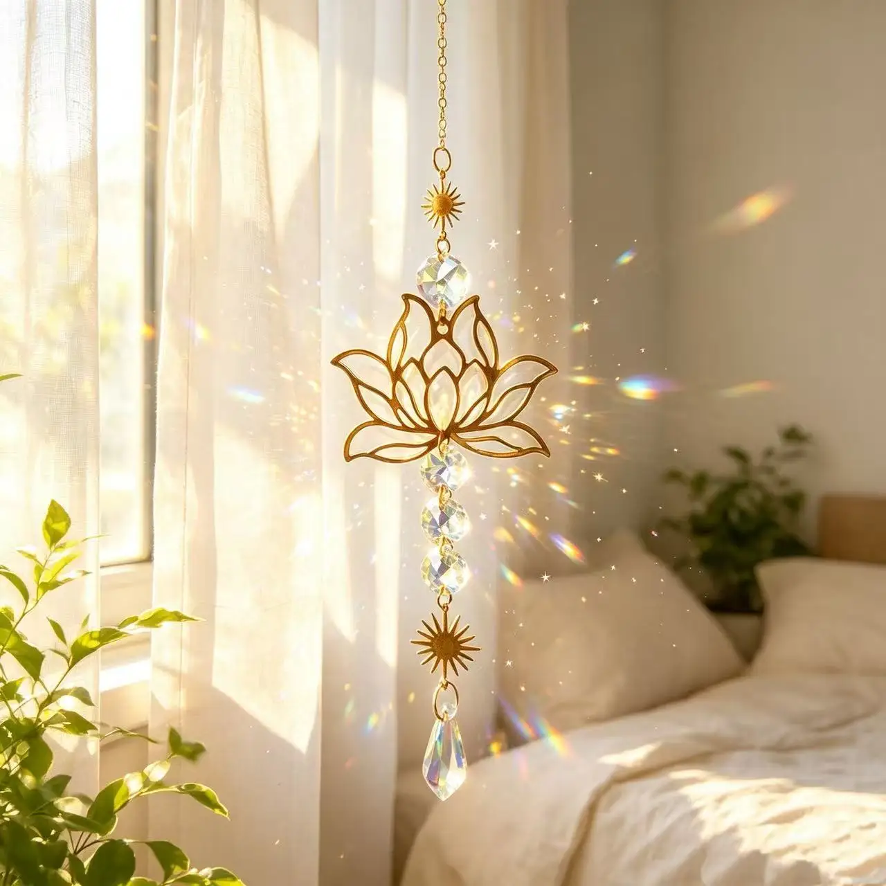 Lotus Crystal Suncatcher Rainbow Prism Hanging Ornament Window Home Garden Decor
