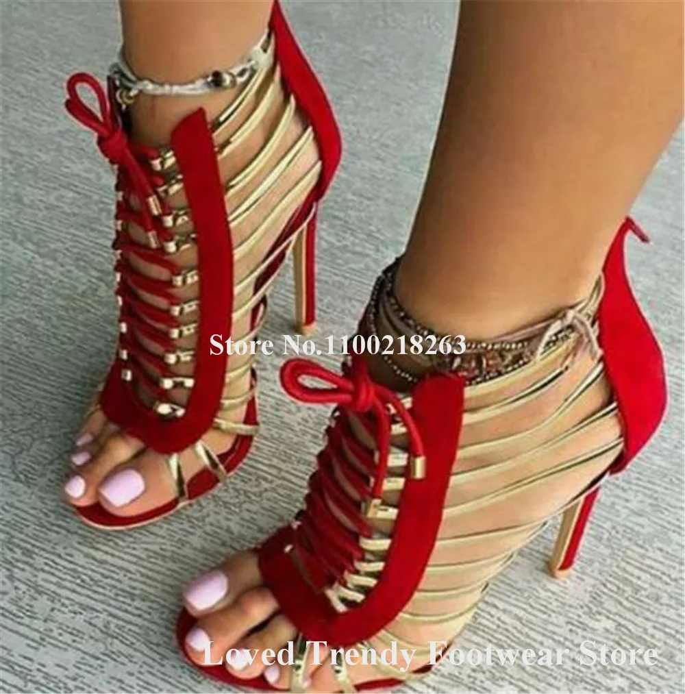 Fashion Gold Straps Pacthwork Stiletto Heel Gladiator Sandals Open Toe Beige Black Red Lace-up Thin Heel Wedding Shoes