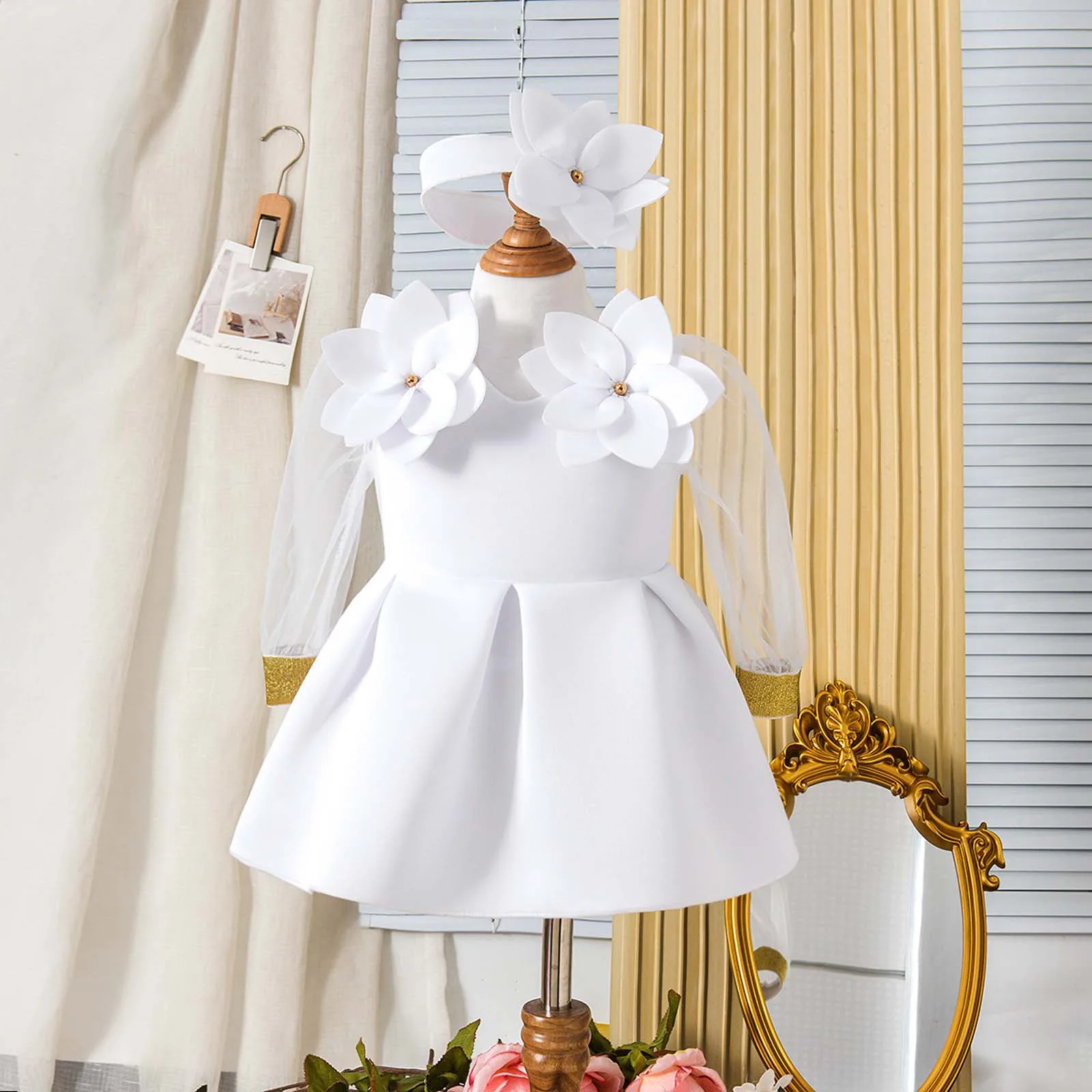 

Детские летние платья для девочек, сетчатые однотонные белые платья с бантом и длинными рукавами, праздничная детская одежда с повязкой на голову, комплекты одежды