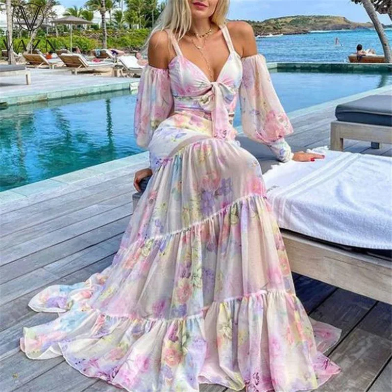 Hot List Young High-end Sexy Sweet Print Full Sleeve Off Shoulder Chiffon High Waist Women A-Line Maxi Dress