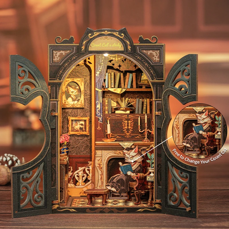 CUTEBEE Booknook Kit DIY Doll House with LED Light Bookshelf Insert Birthday Party Gifts For Count Cat Study