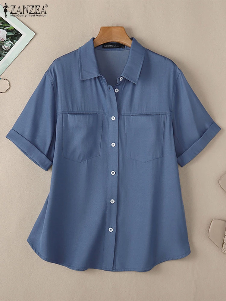 ZANZEA Summer Vintage Denim Blue Blouse Women Elegant Short Sleeve OL Work Shirt Lapel Neck Tops Casual Solid Button Blusas 2024