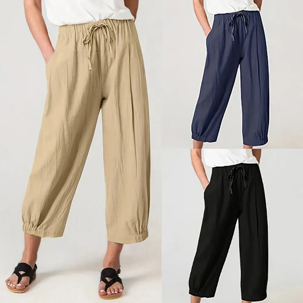 Loose Fit Pants Women’s High Waist Wide Leg Pants Elastic Waistband Trousers with Pockets Loose Fit Commuting Workwear Bottoms