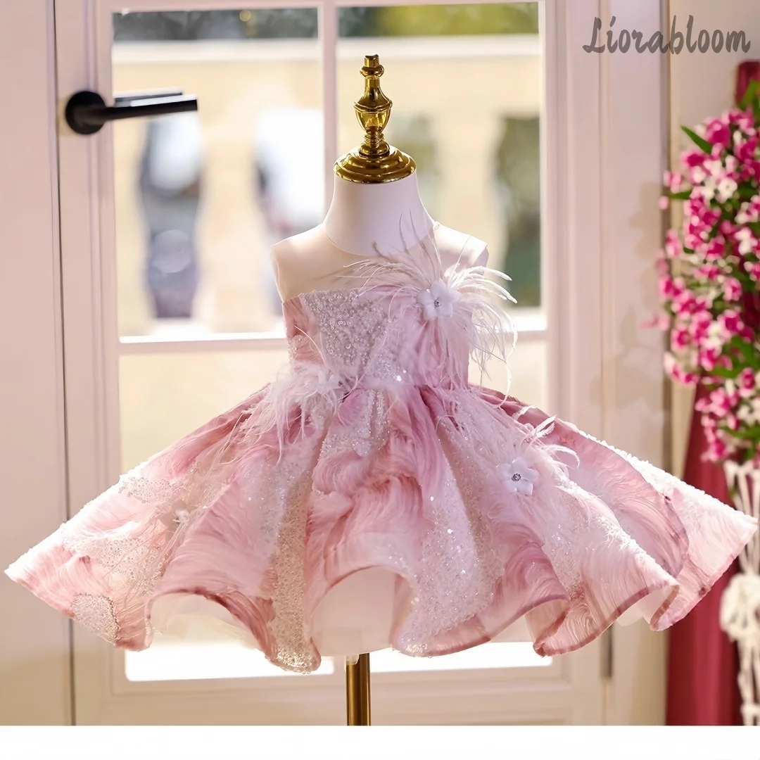 

Girls' Pink Printed Tulle Dress Fluffy Over-the-Knee Gown Feather Accents Detachable Train Flower Girl Dress Elegant Formal Part