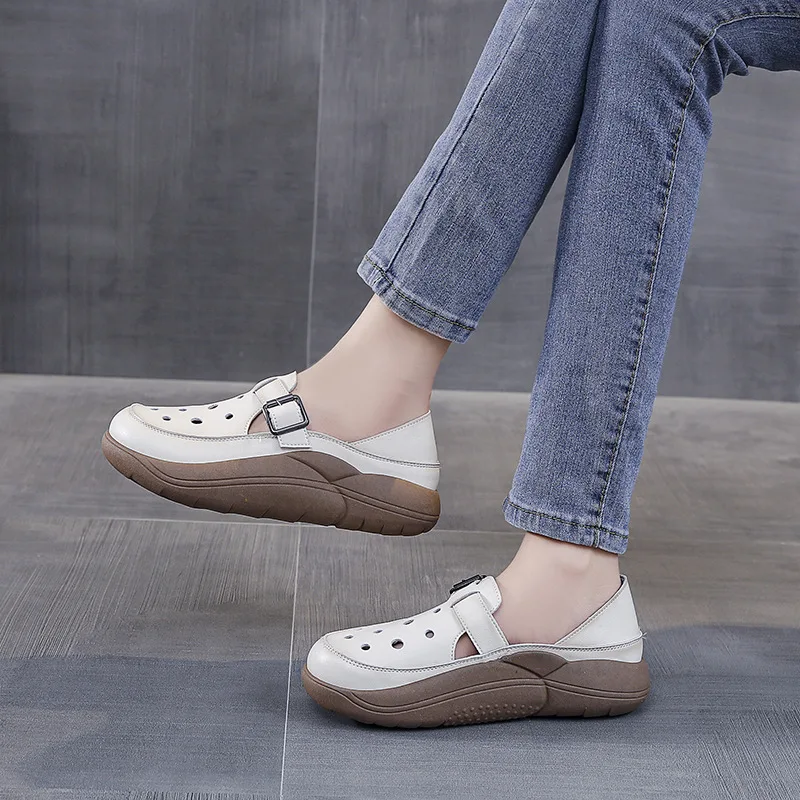 Women Buckle Shoes Round Head Solid Colour Sneakers Summer Hollow Comfortable Thick Bottom Sandals Zapatillas Plataforma Mujer