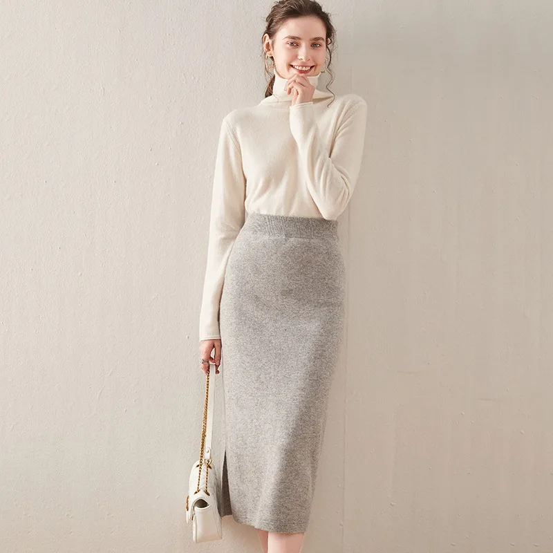 BirdTree, 100%Australian Wool Elegant Skirts, Women Solid Color Warm, Commute OL Hip Wrapped Skirt, 2024 Fall Winter B47465QC