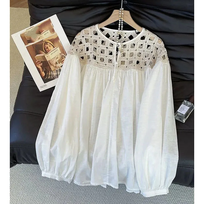 

Новая модная женская тонкая блузка на весну-осень 2026 в корейском стиле, свободная, ажурная, с длинным рукавом, больших размеров, пуловер