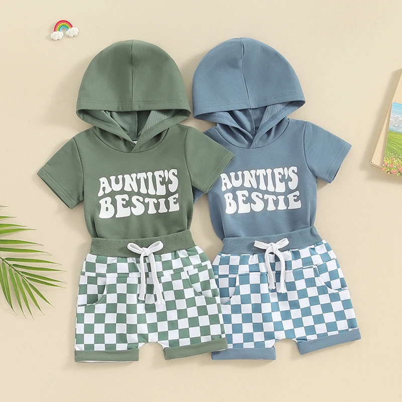 Aunties Bestie Baby Clothes Boy Short Sleeve Hooded Tops Checker Print Shorts Set Toddler Outfit