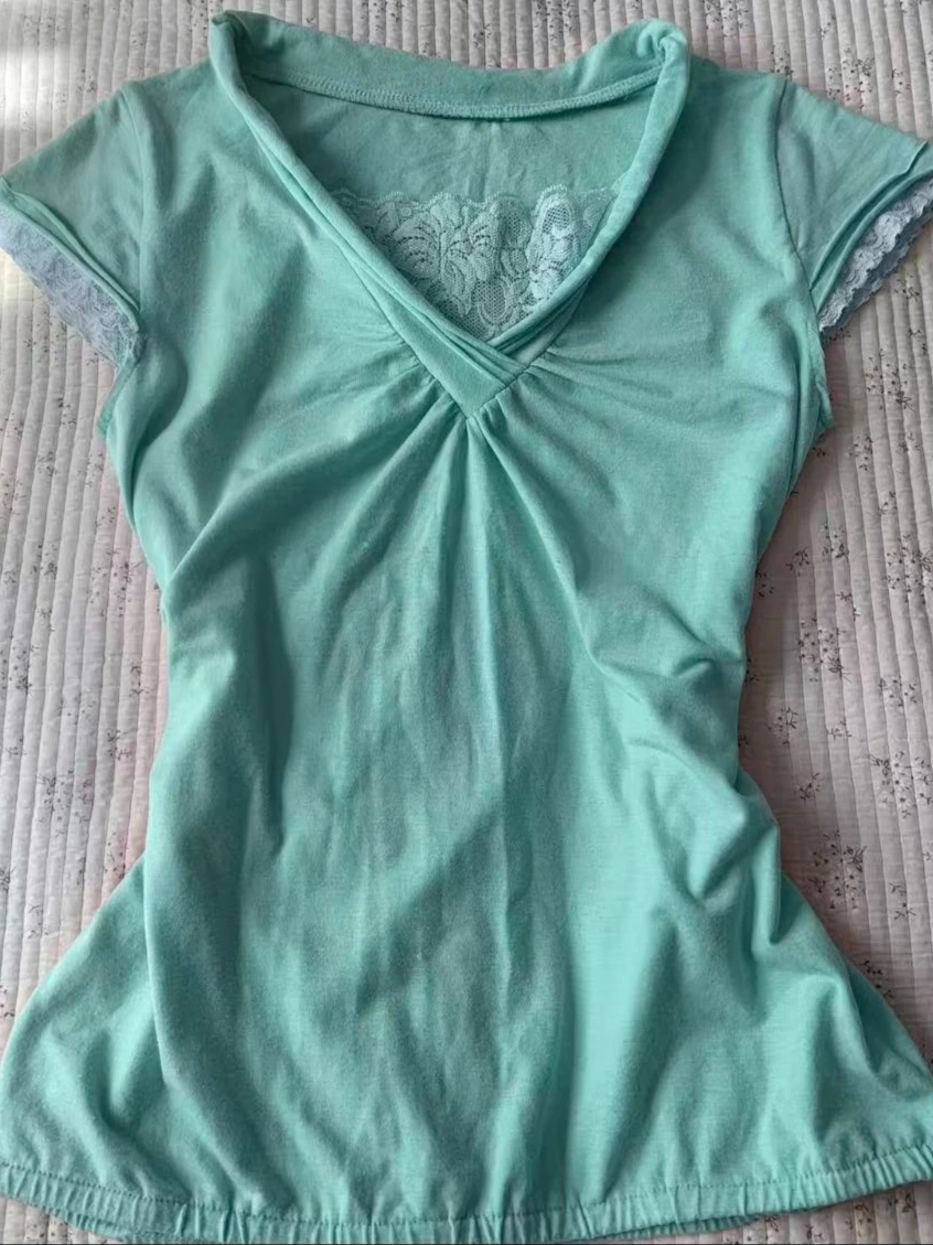 Women Y2K Mint Green Twist Front Short Sleeve T‑Shirt V‑Neck Inner Lace Patch Cap Sleeve Slim Fitted Retro  Y2K Casual Tees Tops