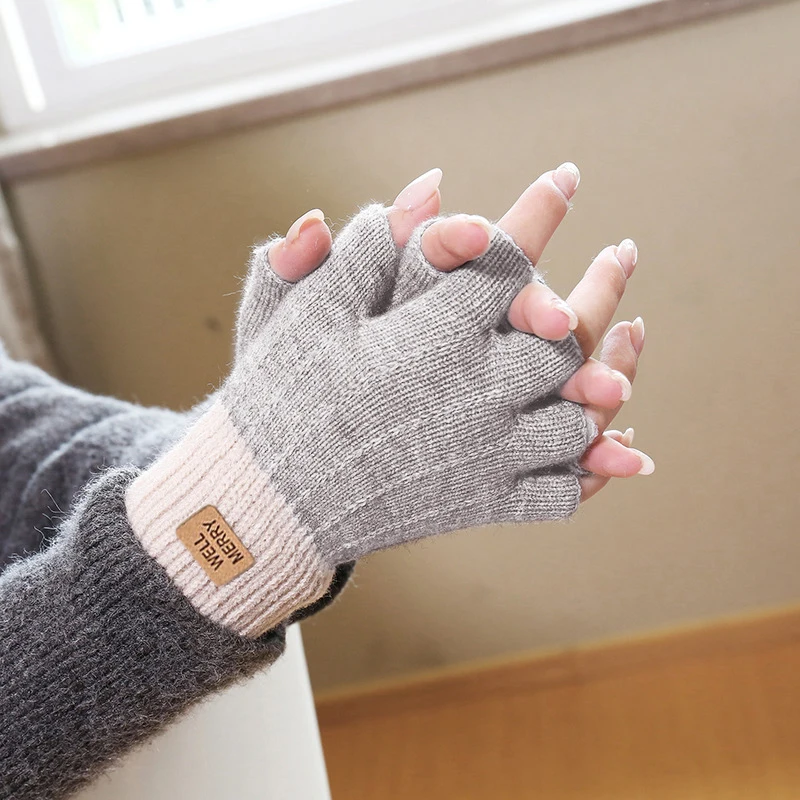 Winter Fingerless Gloves For Men Half Finger Writting Office Knitted Thick Wool Warm Label Thick Elastic Outdoor Driving Gloves