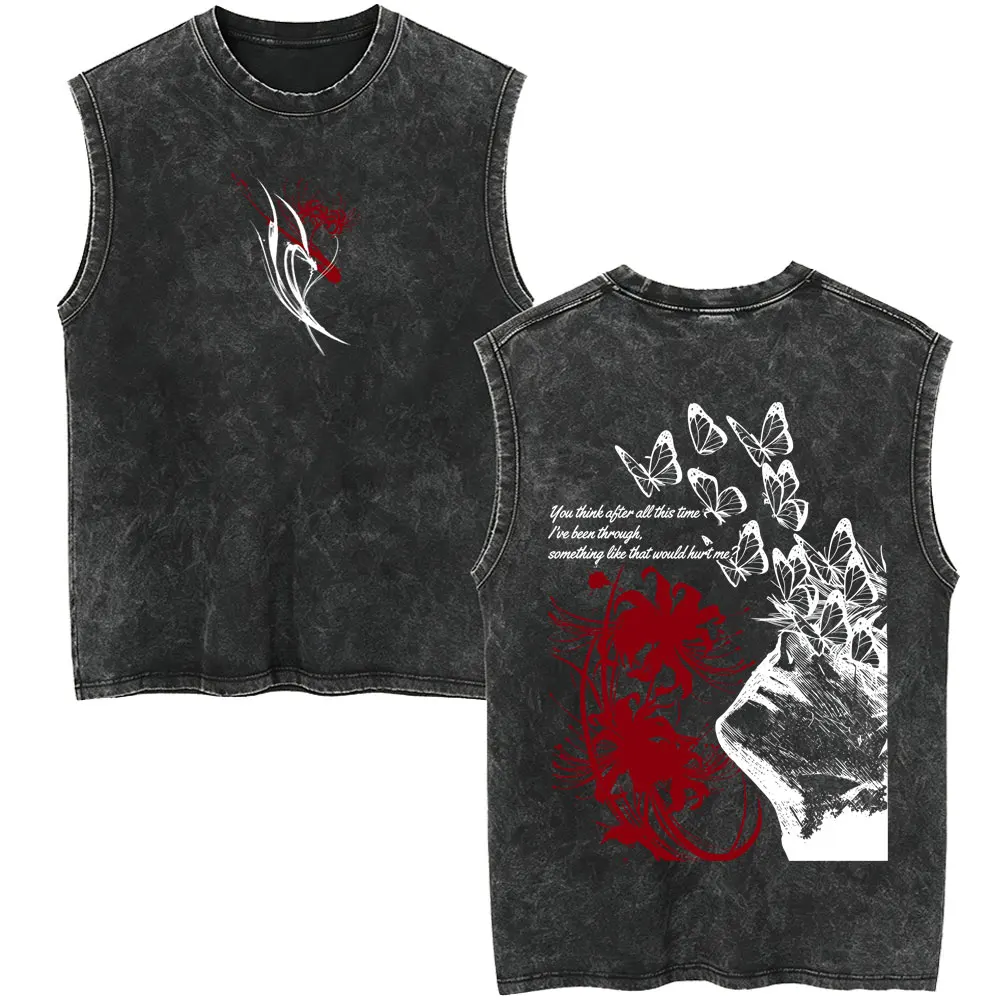Anime Tokyo Ghoul Vintage Washed Tank Tops Cartoon Juzo Suzuya Sleeveless Vest T-shirt Men Women Retro Manga Crewneck T-shirts