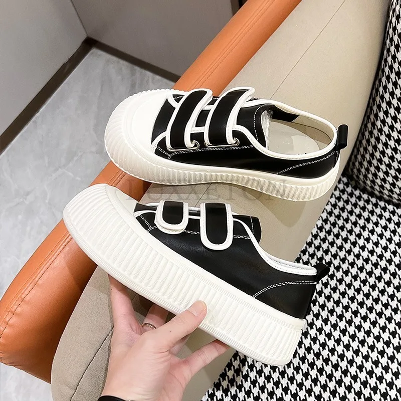 Cute Ugly and Cute Velcro Big Head Genuine Leather Thick Sole Biscuit Shoes Fashionable and Versatile Casual Women Shoes