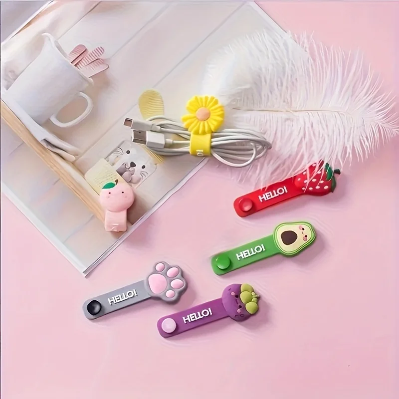 

8-piece cute cartoon fruit shaped silicone cable organizer set, reusable cable organizer, used for neat zip ties of headphone cables, data cables, and charging cables, as well as household and office cable management tools