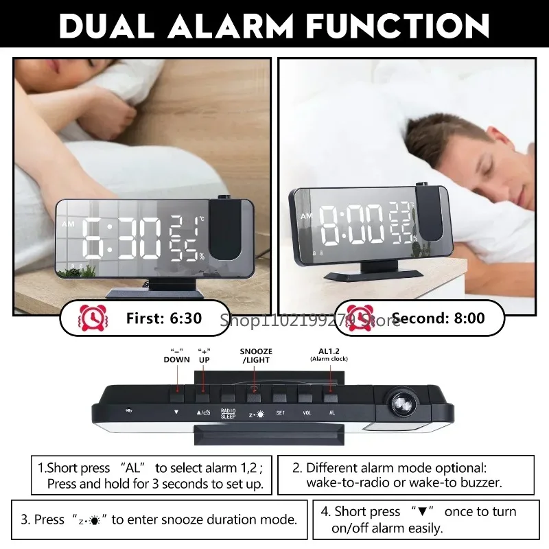 180° Projection Desktop Timepiece LED Display Alarm Clock for Bedroom Nightstand Wake Reminder