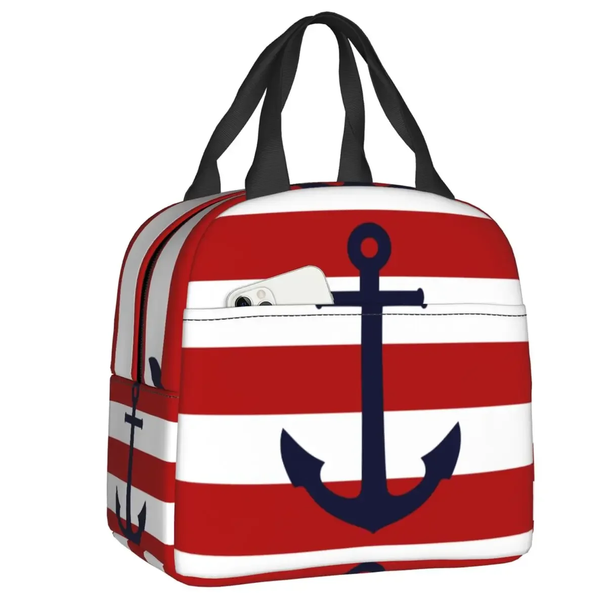

Custom Nautical Navy Blue Anchor On Red Stripes Thermal Insulated Lunch Bags Women Sailing Sailor Resuable Lunch Food Box