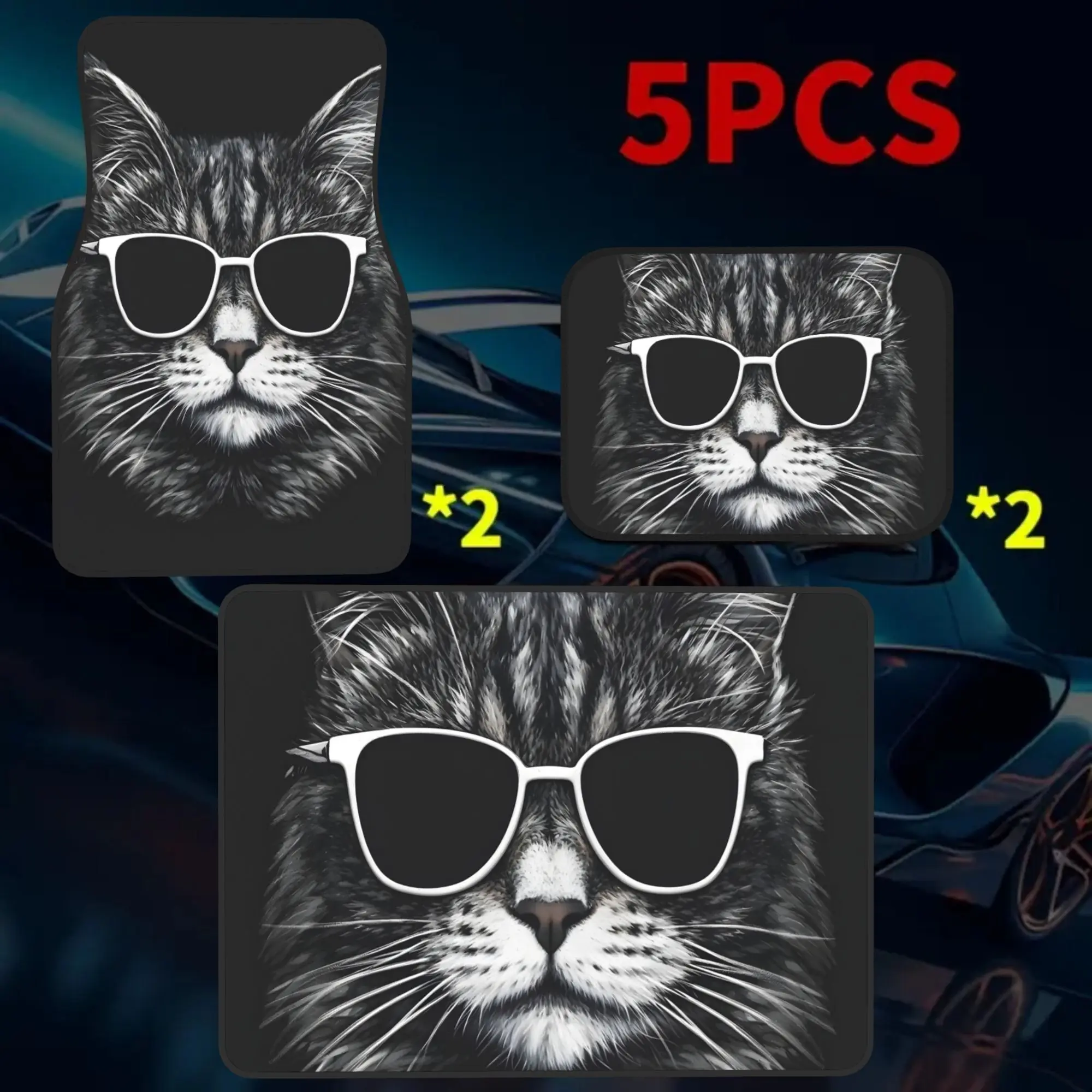 5pcs Hipster Cat With White Fashion Glasses: Stylish Feline Portrait On Black Background Universal Car Floor Mats And Trunk Mats