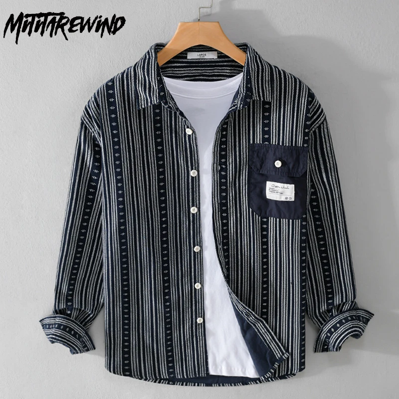

2024 Spring New Men's Striped Shirts Trend Streetwear Loose Long Sleeve Tops 100% Cotton Shirt with Pocket Causal Ropa De Hombre