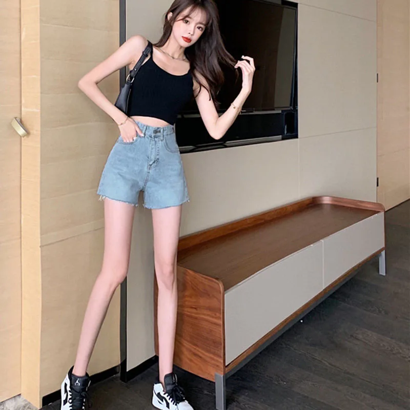 

Women's Summer K-sle Chic High Waist Slimming All-Matching Fashion Retro Hong Kong Sle Outwear Wide Leg Denim Burr Hot Pants