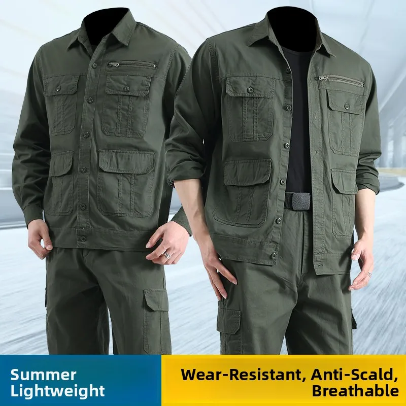 

Men's Summer Thin Cotton Workwear Set Welding Heat Resistant Wearable Outdoor Construction Labor Protection Suit