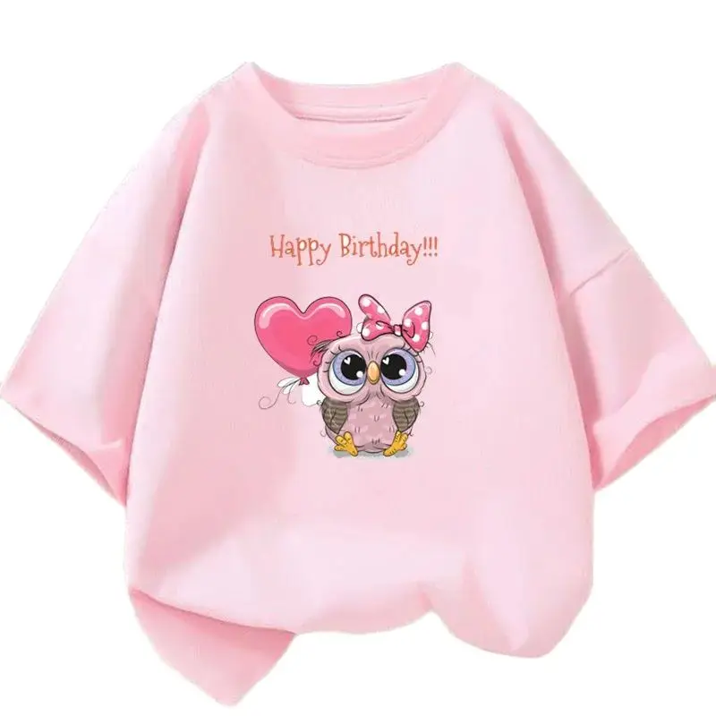 New Summer Fashion Kids T-shirt Cute Owl Graphic Printed Girls T Shirt Casual Harajuku O-neck Birthday Tshirt Tops