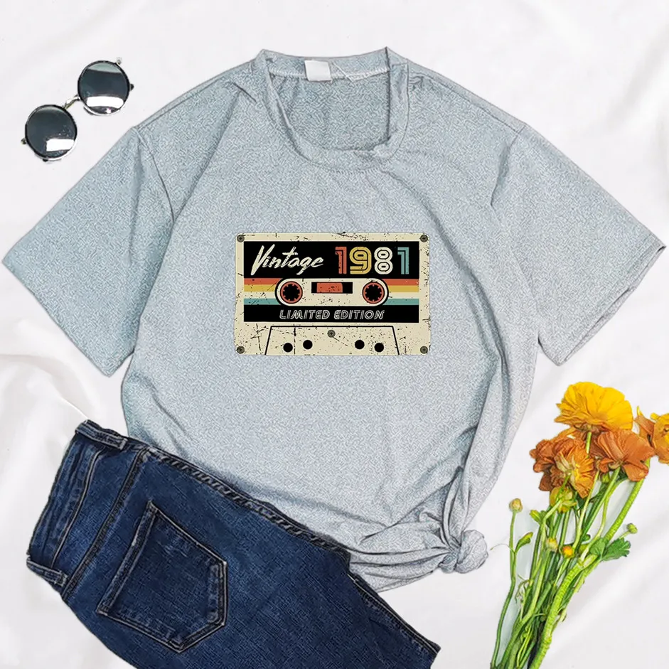 Vintage 1981 Letter Tape Print 90s Funny Women T Shirt Summer Round Neck Y2K Harajuku Funny Oversized T-shirt Graphic Streetwear