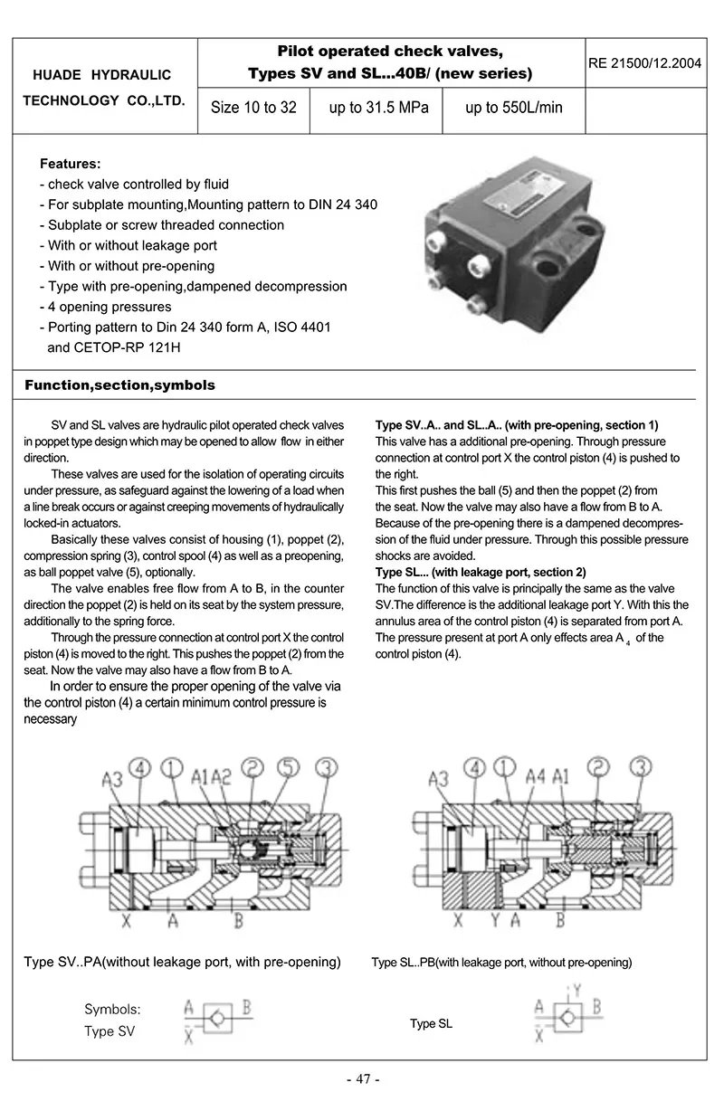 Huade serie SV10PA1-40B SV10PA2-40B SV10PA3-40B valvola unidirezionale controllata da liquido