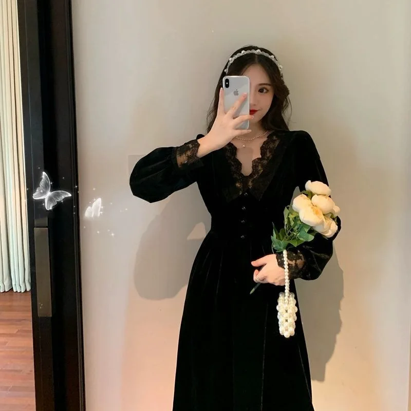 

Sexy Lace Splice V-Neck Midi Dress Tea Break Women's Style High Waist A-Line Skirt Long Sleeve Elegant Dress for Middle-Aged ...