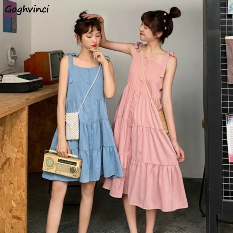 

Sleeveless Dress Women Summer Button Pleated Lace Up Sling Fairy Students Cute Youth Korean Style Elegant 2XL Trendy Chic Ins