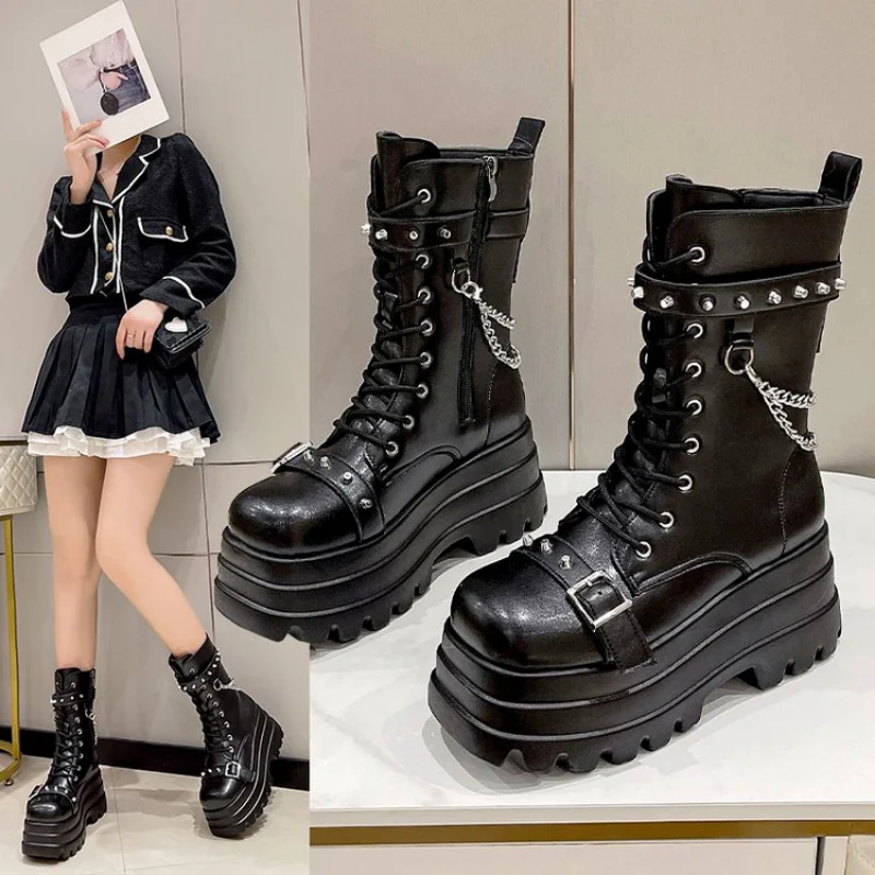 Platforma grube gotyckie buty Lady klamra jesienne buty damskie kliny buty do kolan Punk Street Cosplay Botas łańcuszek motocyklowy