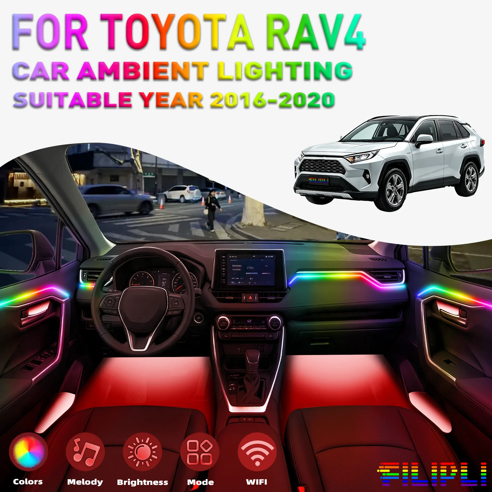 For TOYOTA RAV 4 2016-2020 CAR AMBIENT LIGHTING colorful 6 Lights Kit 256 Colors Iridescent 6-in-1 LED Interior Hidden Acrylic Strip Symphony Atmosphere Lamp Neon Acrylic Light Strip Lighting and Decorative Lamps Long Standby Car Decorative Light