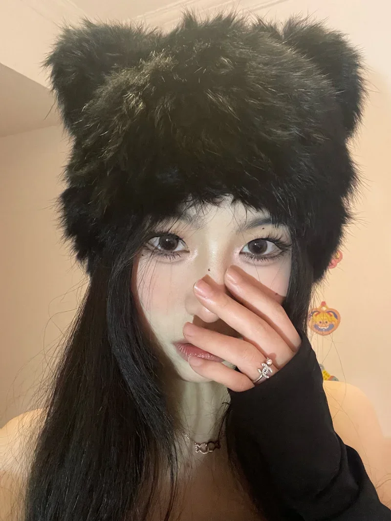 Black bear ears rabbit fur hat cute plush wrap head cap cold warm fur cap Y2k Girls Korean Hats Knitted Hat