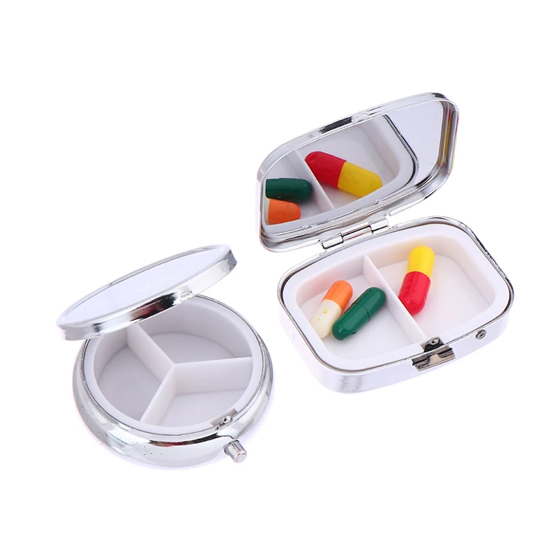 1Pc 2/3 Grids Mini Metal Pill Box With Mirror Portable Travel Rectangle/Round Waterproof Pill Tablet Medicine Case Container