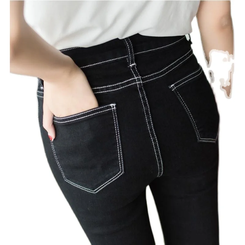 Hohe Taille Slim Fit Bla Denim Jeans Damen Bright Tead Kontrastfarbe Frühling Herbst Baumwolle Stretch Reißverschluss Bleistifthose