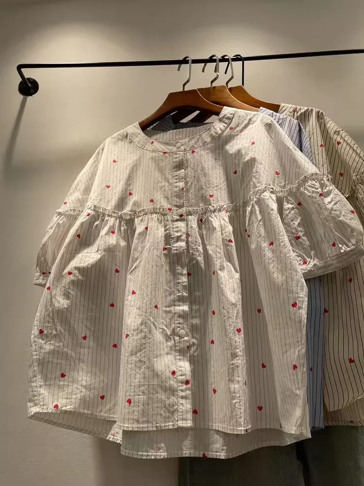 Mori girl Japan style white beige blue striped shirts short sleeve blouses for women sweet 100% cotton  heart-shaped print shirt