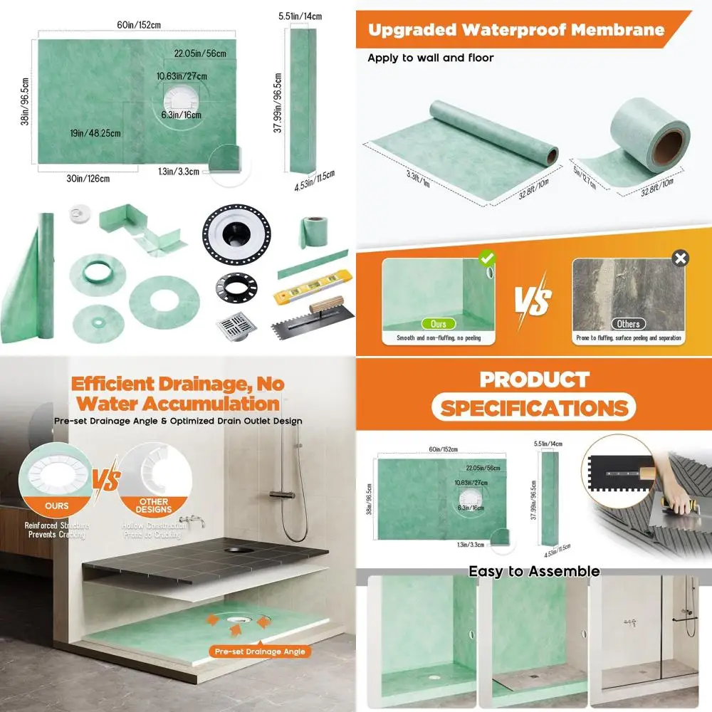 

Shower Curb Kit, Complete Shower System with 38" x 60" Tray eaturing O-Center Drain, Includes Curb, Membrane, Seals, s, Bonding