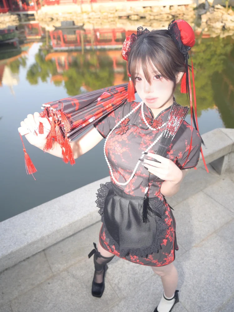 فستان تشيونغسام بالطراز الصيني الجديد، زي تنكري للهالوين وعيد الميلاد، زي خادمة بأكمام قصيرة، رداء قصير للارتداء اليومي