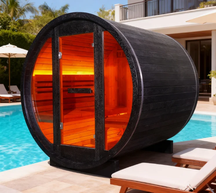 Modern Design Outdoor Sauna Room 4 People Solid Cedar Wood Barrel Sauna With Electric Heating