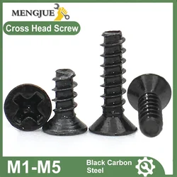 100pcs Black Carbon Steel Mini Screw M1 M1.2 M2 M2.3 M2.6 M3 M4 M5 Cross Recessed Countersunk Head Self-tapping Screw